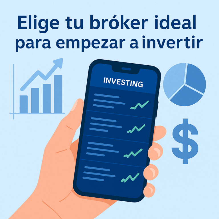 Pantalla de móvil con una app de inversión mostrando acciones, representando el uso de un bróker online