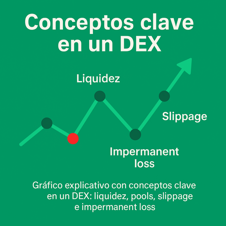 Gráfico explicativo con conceptos clave en un DEX: liquidez, pools, slippage e impermanent loss